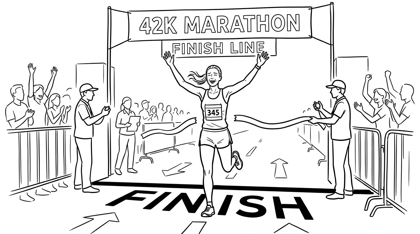 Runner crossing the finish line at a 42K marathon with arms raised and crowd cheering