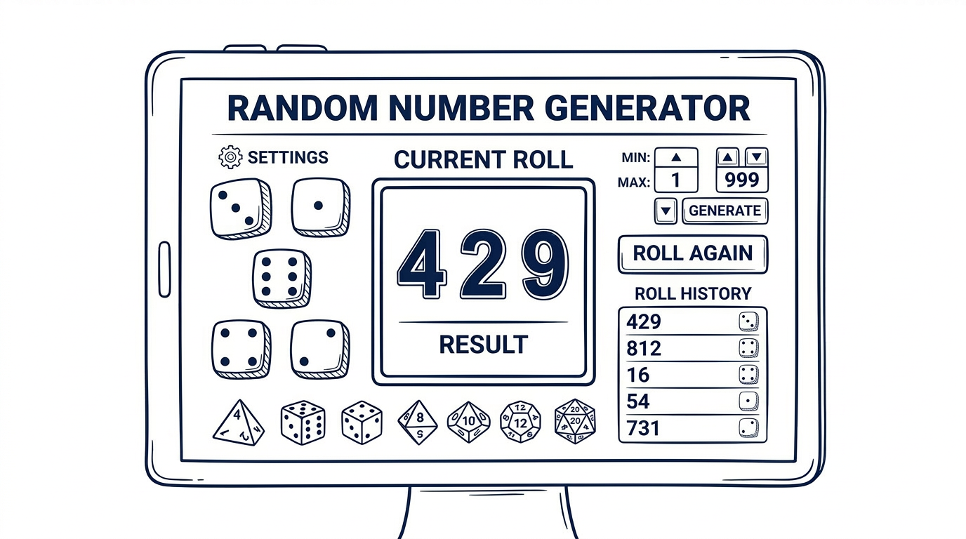 Digital random number generator showing current roll 429, dice icons, roll history, and settings