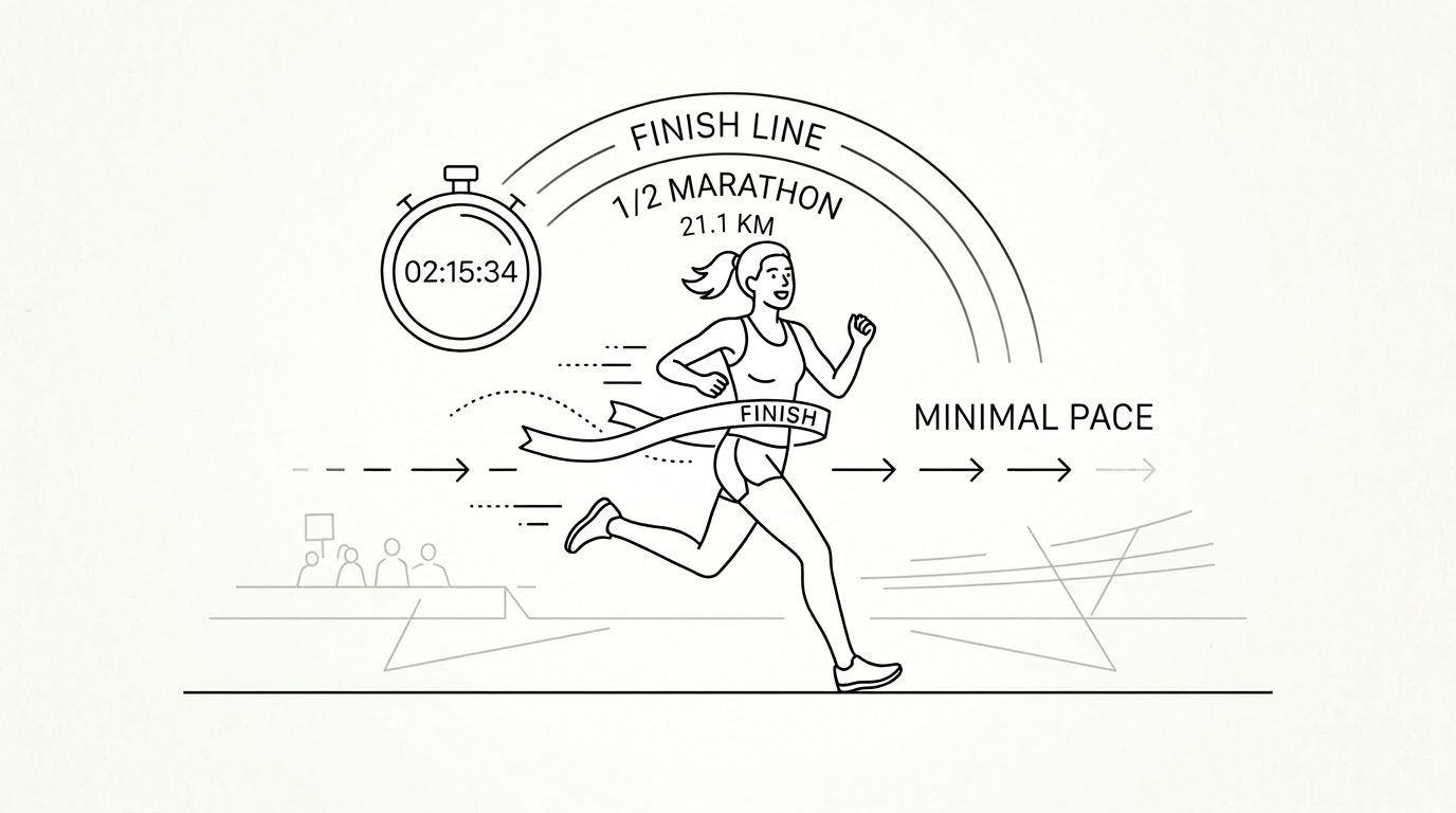 Runner crossing finish line with stopwatch reading 2:15:34 and text minimal pace