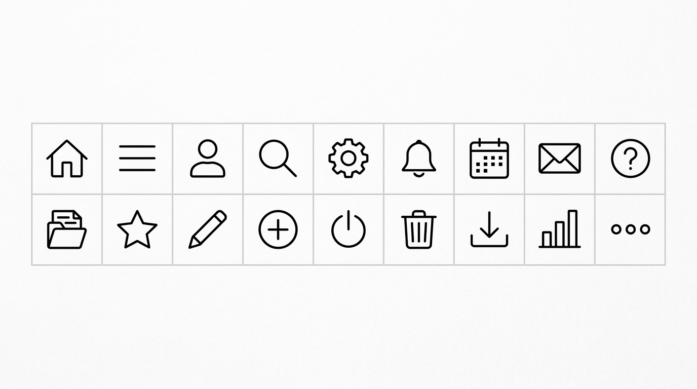 Sixteen black and white user interface icons including home, menu, user, search, settings, notifications, calendar, mail, help, folder, star, edit, add, power, trash, download, analytics, and more options