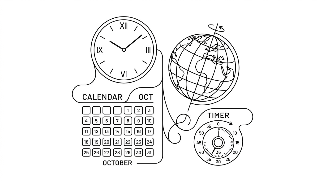 Analog clock showing time, October calendar, rotating globe, and mechanical timer dial