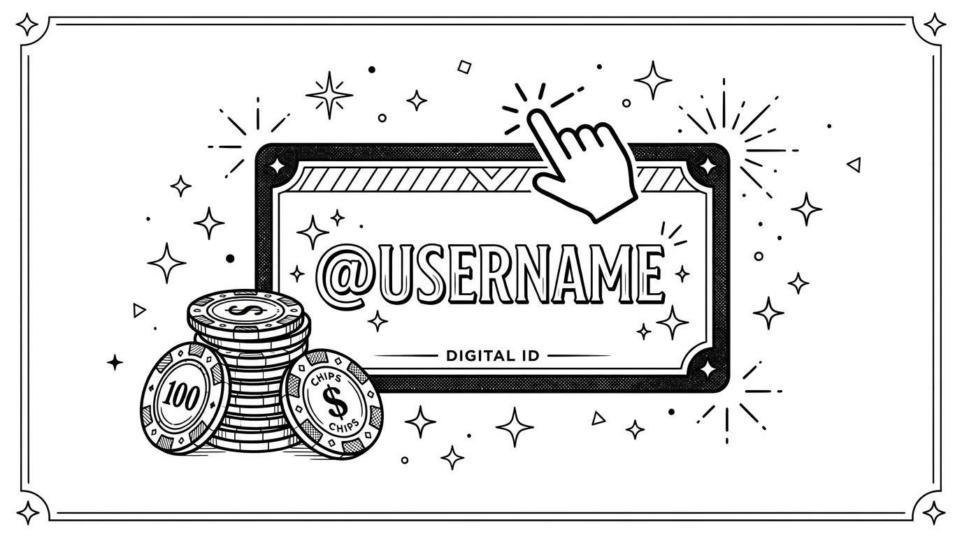 Digital ID card displaying @USERNAME next to stacks of poker chips with dollar signs