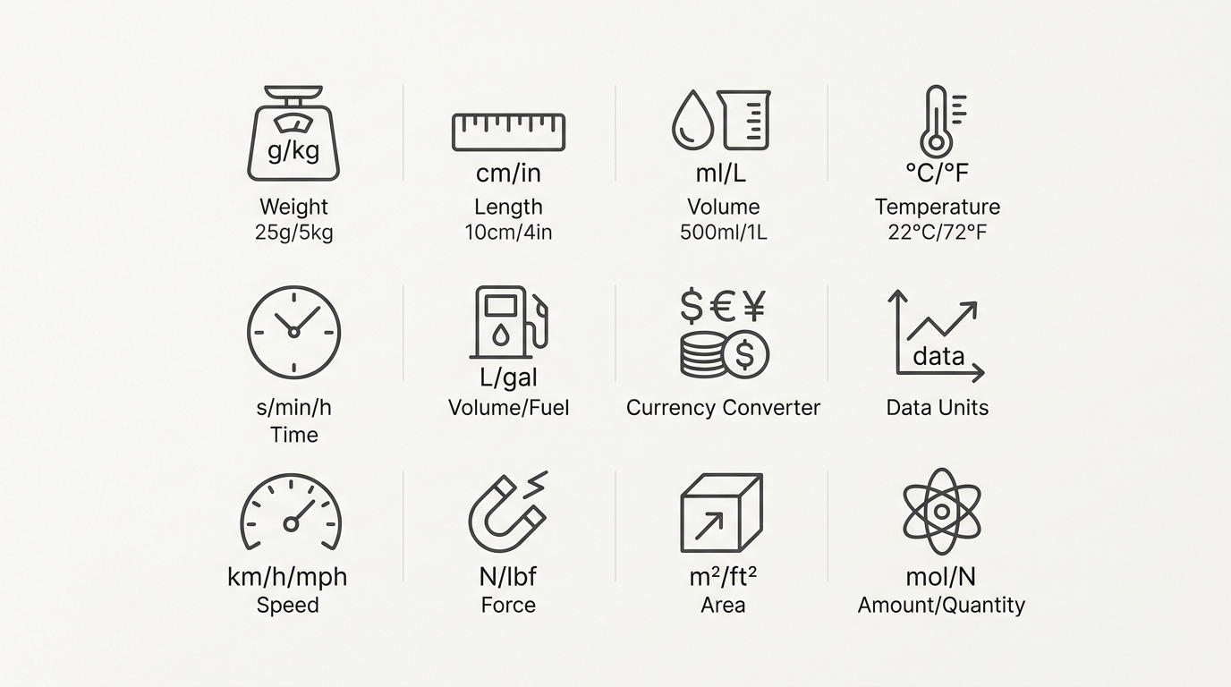 Icons for weight, length, volume, temperature, time, fuel volume, currency converter, data units, speed, force, area, and amount/quantity.