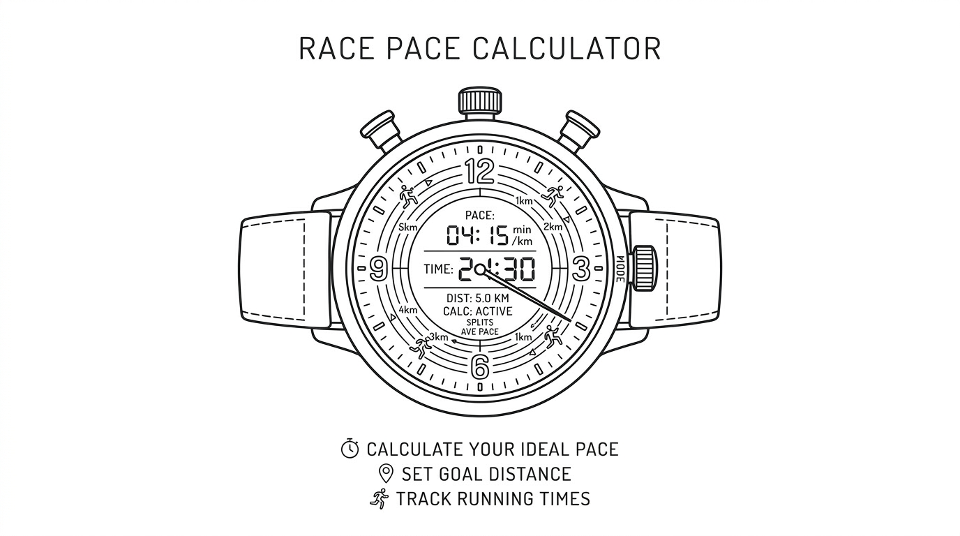 Digital race pace calculator watch showing pace 04:15 min/km, time 24:30, and distance 5.0 km