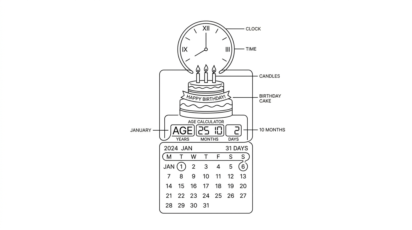 Diagram of an age calculator with years, months, days, birthday cake, candles, clock, and a calendar for January 2024